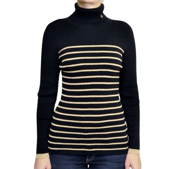 Lauren‎ Ralph Lauren Striped Turtleneck Sweater Small Black Gold Ribbed Knit - Picture 1 of 8